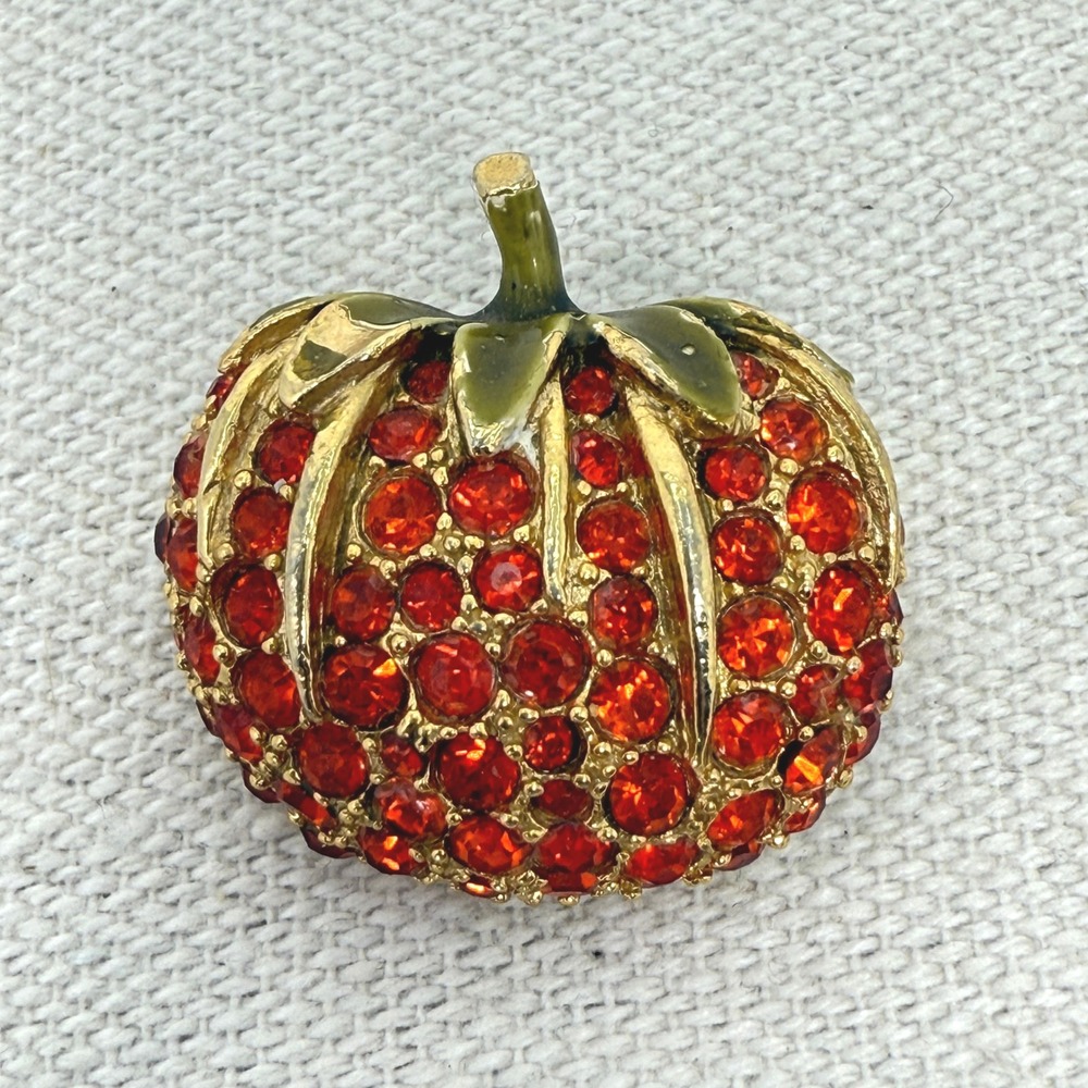Mode Art Vintage Pumpkin Brooch Orange Rhinestone Gold Tone Fall Pin ART